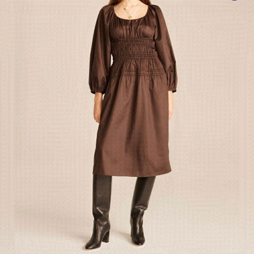 New Rebecca Taylor Brown Smocked Puff Sleeve Midi Dress M